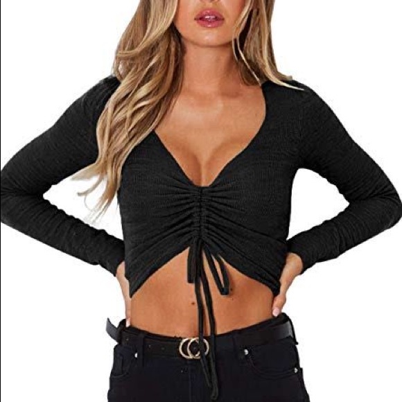 Black cinched v neck long sleeve top - Picture 4 of 6